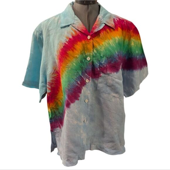 Women's 90s vintage blue linen rainbow‎ tie dye button up short sleeve top - Picture 1 of 6